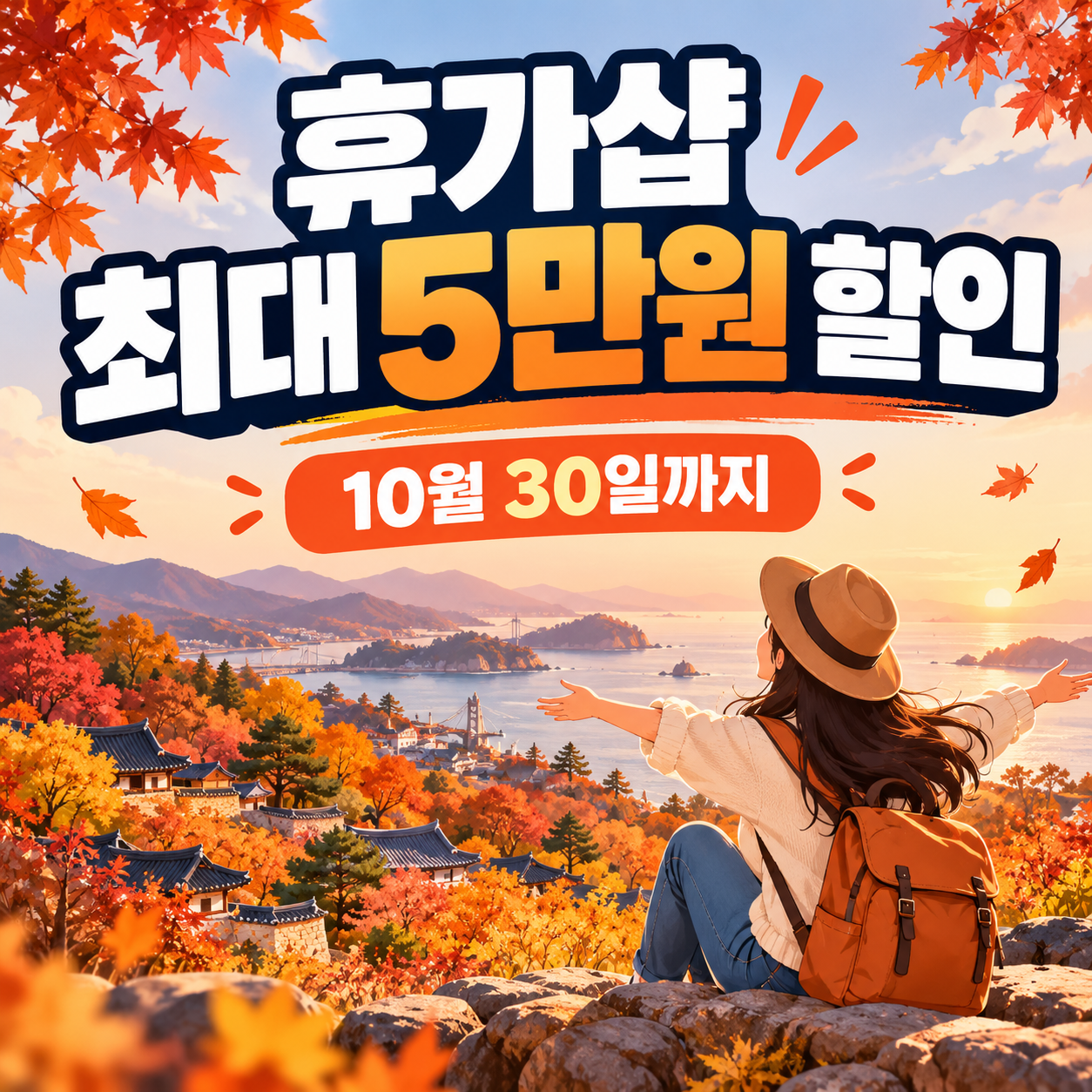 가을 단풍 여행을 준비하는 여행자와 휴가샵 할인 최대 5만원 안내